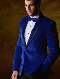 New Arrival One Button Blue Velvet Groom Tuxedos Groomsmen Shawl Lapel Best Man Wedding Prom Dinner Suits (Jacket+Pants+Bow Tie) K16