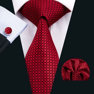 Red Mens Necktie Classic Silk Tie Sets Checks Tie for Men Tie Hanky Cufflinks Jacquard Woven Meeting Business Wedding Party N-1573