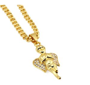 Fabriksförsäljning 18K Bling Gold Angel Boy Pendant Necklace Hip Hop Jewelry Micro Angel Piece Necklace Cherub Chain för unisex med presentförpackning