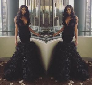 Latest 2k17 Sexy Black Prom Dresses Deep V Neck Sleeveless Mermaid Ruffles Skirt Formal Evening Dress Black Gilrs Party Gowns custom made