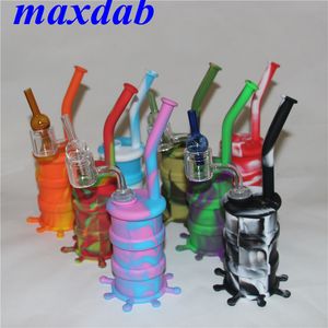 Silicone Rigs Pipe à eau Silicone Hookah Bongs Silicon Dab Rig avec 14mm joint doube tube clou de quartz et bouchon de carpe en verre