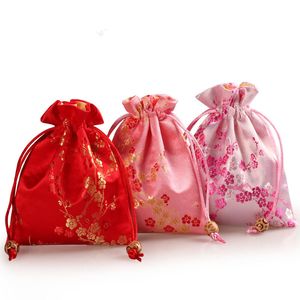 Thick Cherry blossoms Small Cloth Gift Bags Drawstring Packaging Silk Brocade Jewelry perfume Makeup Tools Storage Pouch Candy Tea Favor Bag