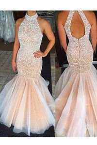 Free Shipping Halter Mermaid Prom Dresses Tulle Beaded Stones Top Floor Length Party Evening Dresses