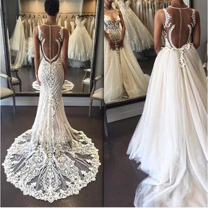 Mermaid Bridal Dresses Jewel Sleeveless Sheer Neck Wedding Dresses Back Zipper With Applique With Detachable Tulle Overskirt Wedding Gowns