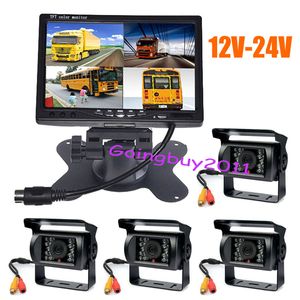 12V-24V 4x 18 LED IR Reversing Camera Waterproof + 7" LCD 4CH Quad Split Monitor Car Rear View Kit Free Shipping