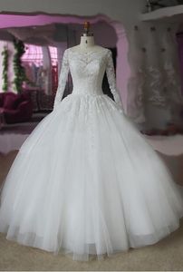 Elfenbein-Spitze-Applikation, echte Fotos, Ballkleid-Hochzeitskleid, langärmeliges Brautkleid