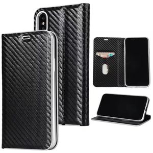 Super Slim Card Holder Flip Carbon Fiber Läder Plånbok Väska till iPhone X 6s