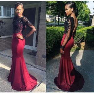 Sexy Burgundy 2016 Long Sleeve Mermaid Prom Dresses With Black See Through Lace Satin Elegant Backless Formal Party Evening Dresses Gown