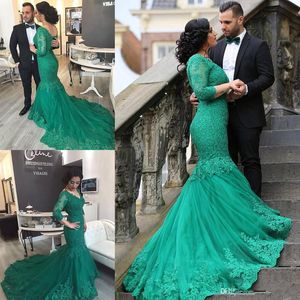 2016 Winter Green Mermaid Prom Dresses V Neck 3/4 Long Sleeves Appliques Lace Tulle Corset Arbaic Plus Size Evening Gowns Formal Dresses