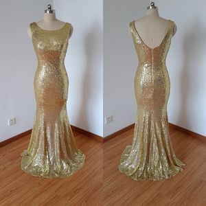 Sexig Sequin Pronm Evening Dresses Bateau Neckline Mermaid Low Cut Back Sweep Train Sparkly Gold Girls Party Dresses