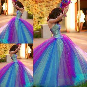 Regenbogenfarbene Ballkleid-Hochzeitskleider 2017, trägerlos, mehrfarbig, Tüll, Schichten, Brautkleider, Schnür-Hochzeitskleider nach Maß