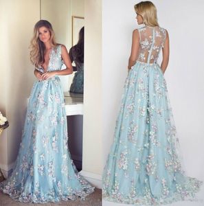Sexy 3D Floral Appliqued Prom Dresses Long Deep V Neck Party Dress Floor Length Illusion Back Tulle Formal Evening Gowns