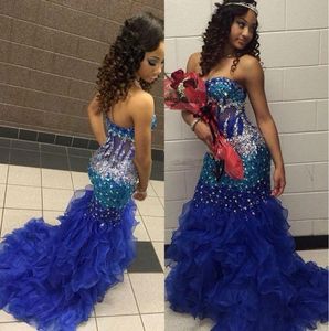 Girls Pageant Dresses For Teens Exposed Boning Crystal Beading Royal Blue Mermaid Prom Dress Ruffles Zipper Back Mermaid Evening Gowns