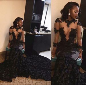 South Afria Style Black Girl Prom Klänningar 2016 Sexig See Through Lace Applique Mermaid Evening Gowns Ruched Sweep Train Formella Party Dresses