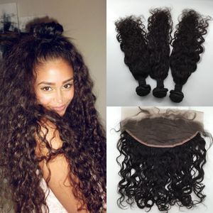 Koronki ucha do ucha z wiązkami fali wodnej peruwiańskie wiązki włosów z 13x6 frontałami Virgin Human Hair Extensions