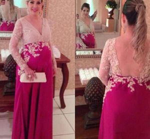 Lace Maternity Evening Dresses With Long Sleeve V Neck Backless Fushia Chiffon Women Formal Party Evening Gown Open Back Prom Dresses
