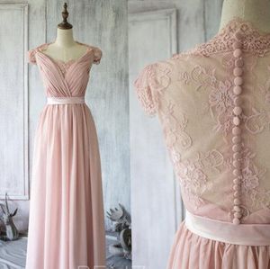 Skin Pink Lace Bridesmaids Formal Dresses V Neck Sexy Illusion Back Ruched Chiffon A Line Summer Beach Wedding Maid of Honor Party Gowns