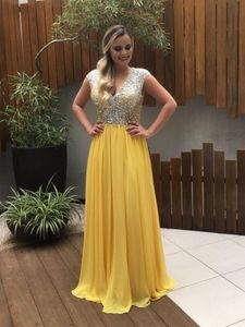 Modest Gula Cap Sleeve Topp Sequins Evening Dresses Golvlängd Chiffon Lång Formell Prom Klänningar Evening Wear 2018 Garden Vestidos Festa