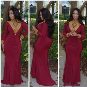 2017 Plus Size African Burgundy Prom Dresses Gold Appalique Stand Collar Long Sleeves Trumpet Chiffon Mermaid Formal Evening Gowns