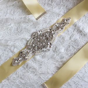 Champagne Pearl Bridal Sash Belts Handmade Crystals Women Belts Rhinestones Wedding Belt Crystal Satin Tie Back Drop water Large Rhinestone