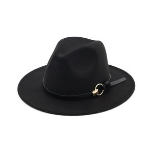 Autumn Winter Hats Caps for Women Fshion Lady Fedora Hat with Metal Ring Belt Female Flat Wide Brim Jazz Caps Felt Trilby GH-222