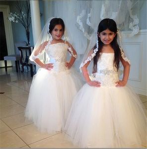 New Lovely Bridal Flower Girl Dress Spaghetti Straps Tulle Beaded Waistband Floor Length Sparkling Little Girls Pageant Dresses