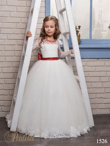 Wholesale big tulle flower girl dresses resale online - Cute Flower Girls Dresses with Red Sequins Big Bow and Beaded Crew Neck Appliques Tulle Princess Long Sleeves Kids Wedding Gowns Custom Made