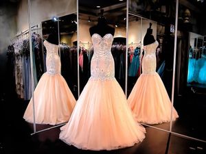 2018 Hot Sexy Suknie Wieczorowe Nosić Sweetheart Kryształowe Koraliki Mermaid Peach Tulle Długi Gorset Powrót Formalne Vestidos Tanie Party Suknie Party