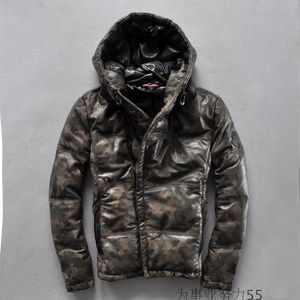 Camouflage-Daunenjacken aus echtem Leder der Marke Oblique Zipper Outdoor-Daunenmäntel mit Kapuze