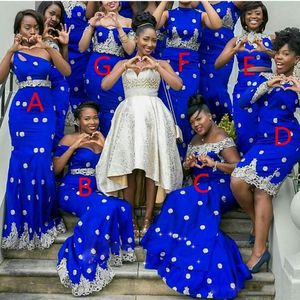 魅力的な7スタイルの花嫁介添人ドレスレースアップリケロイヤルブルーワンショルダー恋人オフショルダーブライドメイドガウンナイジェリアのウェディングドレス