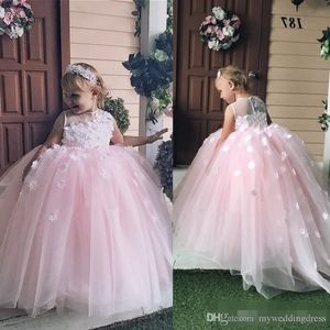 Sheer escote de encaje rosa fuerte vestidos de niña de las flores para bodas 2018 Vestido largo y elegante de desfile para niños pequeños Fiesta formal para niños
