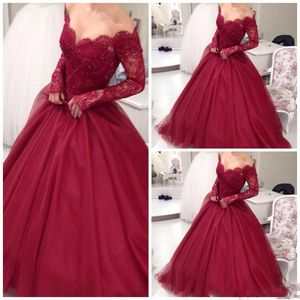 Off Shoulder Long Sleeve Prom Dress 2017 Lace Beadings Zipper Red Tutu Party Dress Women Cheap Sweep Train Evening Dress