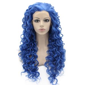 Lange lockige blaue synthetische Lace-Front-Cosplay-Party-Perücke