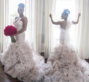 African Rich Plus Size Wedding Dresses Mermaid Sweetheart Strapless Sweep Train Tiered Organza Bridal Gowns Custom Made Free Shipping