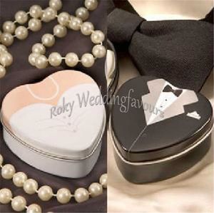 Dress and Tuexdo Favor Tin Boxes Heart Shape Metal Boxes Wedding Favors Supplies Engagement Party Table Setting Supplie