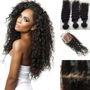 Feixes de cabelo brasileiro com fecho de seda 8-30 polegada Trama Dupla Extensões de Cabelo Humano Dyeable Remy Virgem Cabelo Weave Onda Profunda Ondulado