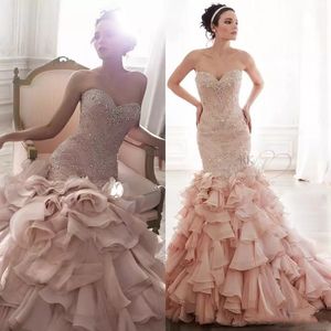 Abito da sposa a sirena di lusso Spedizione gratuita Blush Pink Sweetheart Neck Perline di cristallo Increspature su misura Abiti da sposa di alta qualità