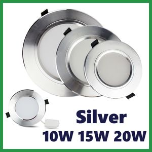 DHL FREE Silver Body 10W 15W 20W Led Downlights Recessed Ceiling Lights 120 Angle Dimmable Led Down Lights AC 110-240V With Drivers