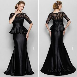 Black Mother Dresses With Half Sleeves Jewel Mermaid Lace and Elastic Satin Floor-length Mother of the Bride Dress