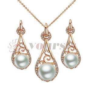Roségold Perle Brautschmuck großhandel-Yoursfs k rose vergoldete ladyhood perle halskette und ohrring at österreichische kristall brautschmuckset