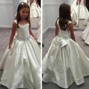 2022 Satin Ball Gown Flower Girl Dresses Square Neckline Bling Crystal Ribbon Ruched Long Baby Gown For Wedding flowergirl dresses