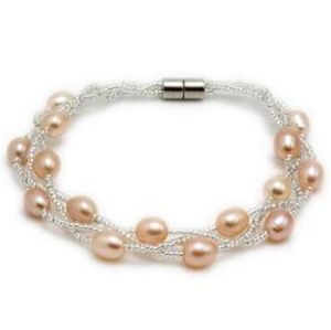 5-6mm Pure Natural Färskvatten Oyster Pärlor Armband 3 Layer Pearl Smycken Med Magnetisk Spänne Bröllop Pearl Armband
