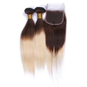 Ombre Brown Blonde Brazilian Hair With Closure Straight Human Hair Two Tone 4Pcs Lot Omber 613 Blonde Hair Extensions With Lace Closure