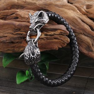 Masculino Fresco Para A Jóia dos homens New Genuine Corda pulseira de couro de Aço Inoxidável Biker Duplo Lobo Cabeças Encantos Pulseira