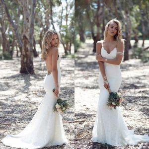 Sexy Full Lace Backless Mermaid Wedding Dress Style Country Spaghetti Paski Otwórz Back Bez Rękawów Eleganckie suknie ślubne Sweep Pociąg