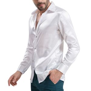 Sprzedaż hurtowa-nowy nabytek wykonane na zamówienie dowolne kolory elastyczny jedwab jak satyna męska koszula ślubna koszule pana młodego nosić oblubieniec Slik koszula dla mężczyzn