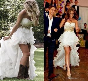 Quente! 2016 Modest Alta Low Country Estilo Vestidos de Casamento Querida Ruffles Organza Oi Lo Nupcial Vestidos Plus Size Vestido de Noiva Barato