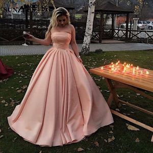 Sexy Strapless Ball Gown Floor Length Satin Pink Prom Dresses Simple Lace up Back Formal Party Gown Vestido Longo De Festa