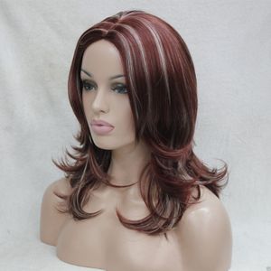 FREE SHIPPING red auburn with blonde highlights centre skin top wavy no bangs medium long wig