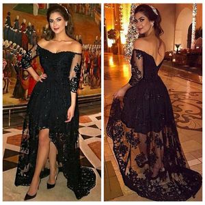 Sexy Black Prom Dresses Long Plus Size 2017 Off The Shoulder Beaded Formal High Low Party Dress Arabic Women Evening Gowns